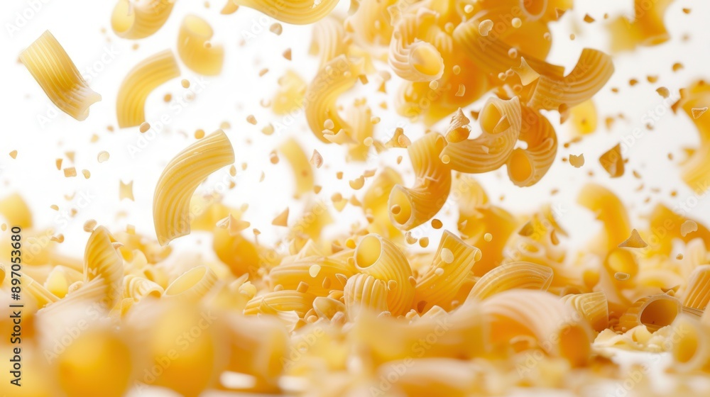 Poster raw italian pasta falls gracefully onto a white background, creating a visually stunning and appetiz