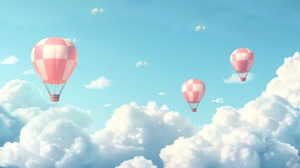 Fototapeta premium Dreamy hot air balloons floating in a sky with fluffy clouds, for whimsical nursery themes