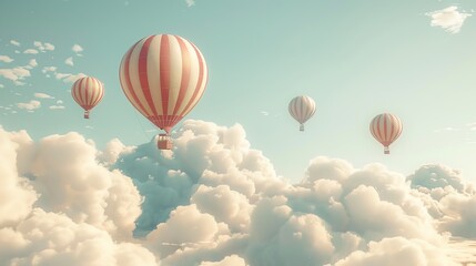 Obraz premium Dreamy hot air balloons floating in a sky with fluffy clouds, for whimsical nursery themes