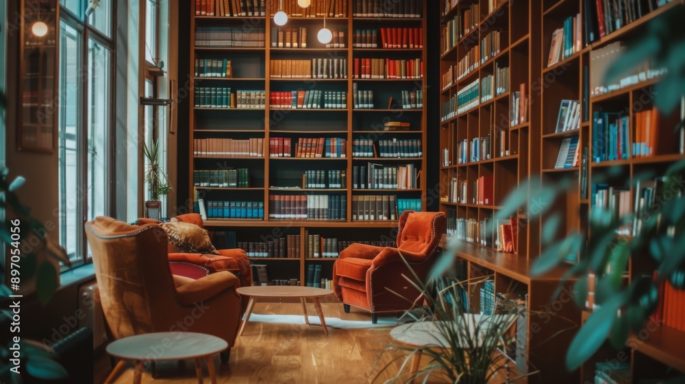 Poster a cozy reading nook with two plush armchairs situated in front of floor-to-ceiling bookshelves.
