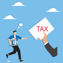 Income tax burden or wealth tax, businessman holding saving bank looking at tax bills, financial charge and duty to pay for government, wealth management concept