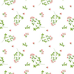 flowers set 01Pink flowers and green branches and leaves. Seamless floral pattern. Watercolor illustration. Botanical illustration. Delicate wild flowers isolated on a white background. Meadow grass