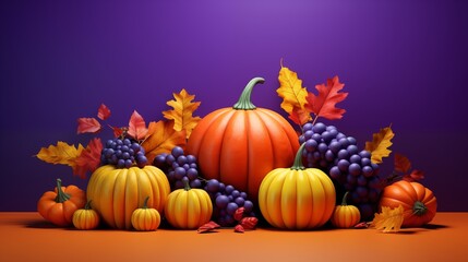 3D style pumpkins and autumn fruits on purple background