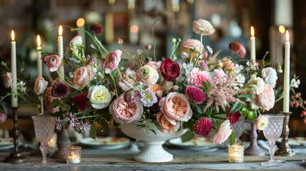 Fototapeta premium Rustic Wedding Centerpiece With Soft Pink Flowers