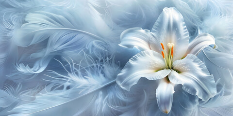 White Lily and blue feathers Condolences Message Banner Template - single lili head lying on a bed of big fluffy pastel blue feathers with space for message of condolence, funeral invitation 