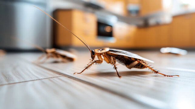 Close-up of a cockroach on a kitchen floor with blurred kitchen background.