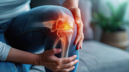 knee X-ray. World Arthritis Day. the man's knee hurts. A woman holds onto her knee in pain