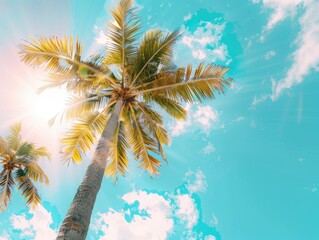 Low Angle View of Palm Tree. Tropical Leafy Tree Reaching Tall Sky in Summer Sunlight