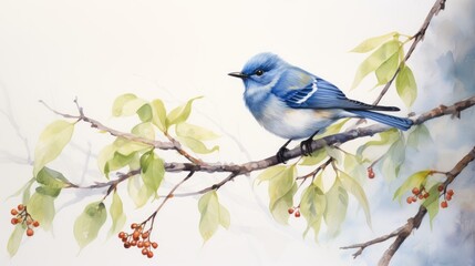 A blue-tailed rock warbler bird sitting on an alder branch