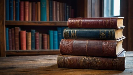 Vintage books are stacked on the table