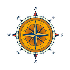 Vintage marine wind rose, nautical chart. Colorful navigational compass with cardinal directions of North, East, South, West. Geographical position, cartography and navigation. Vector illustration