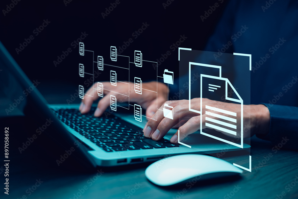 Poster businesswoman working on laptop with virtual screen. online documentation database, it consultant be