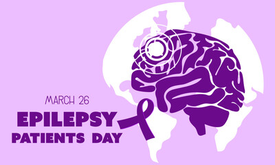 International Epilepsy Day banner for March 26. Brain is a flat silhouette in purple colors against the background of the earth with a ribbon on shades of purple. Brain problems, illness. Horizontal