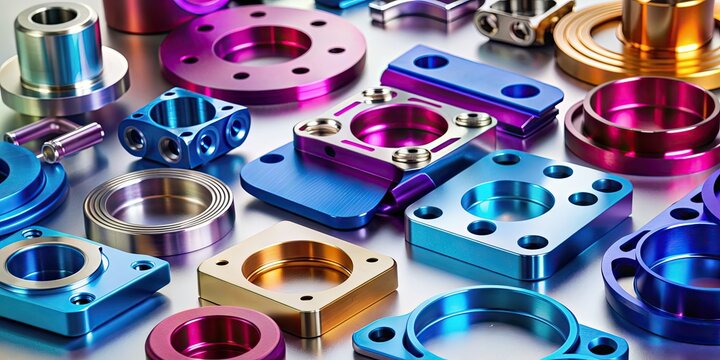 Aluminum machined parts with anodized finish produced by CNC machine in a milling industry setting , aluminum