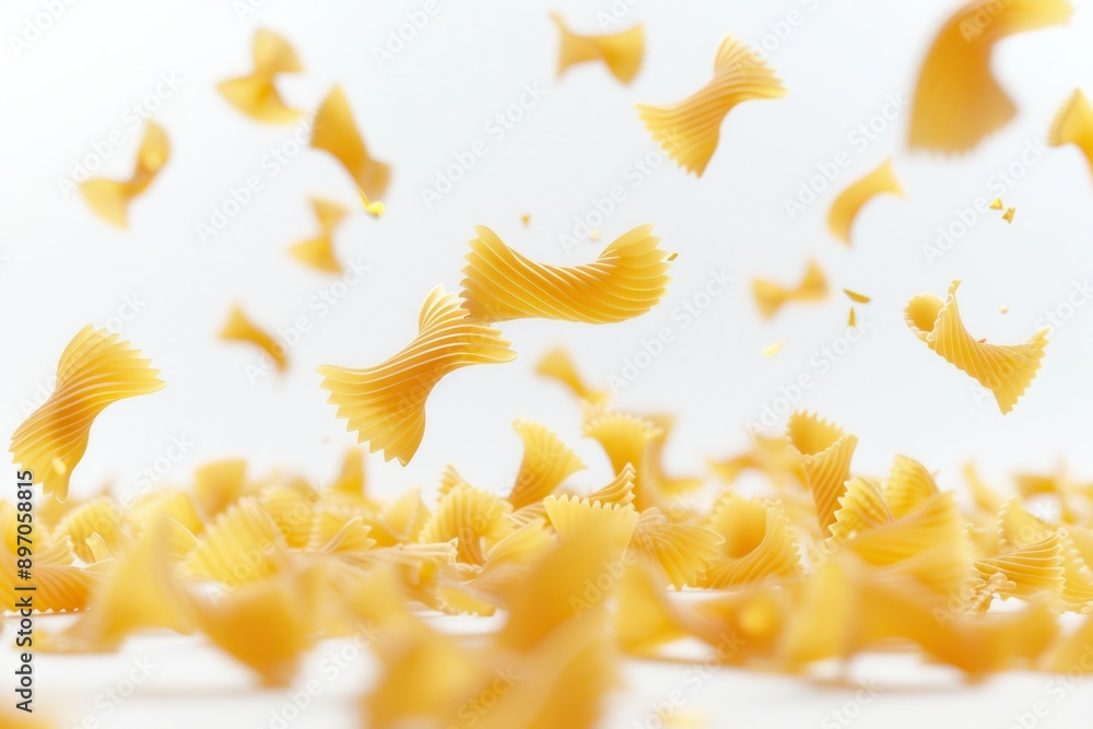 Poster A close-up image showcasing raw farfalle pasta gracefully falling against a white backdrop, creating a visually appealing and appetizing scene. Generative AI