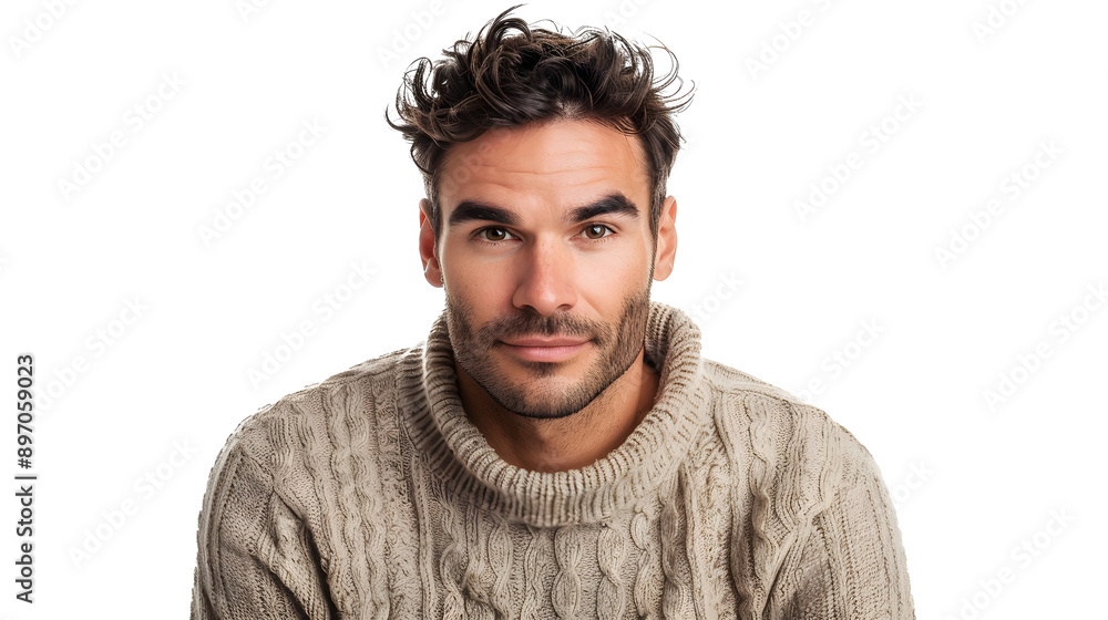 Poster man in a sweater looking at the camera with a raised eyebrow isolated on a transparent background in