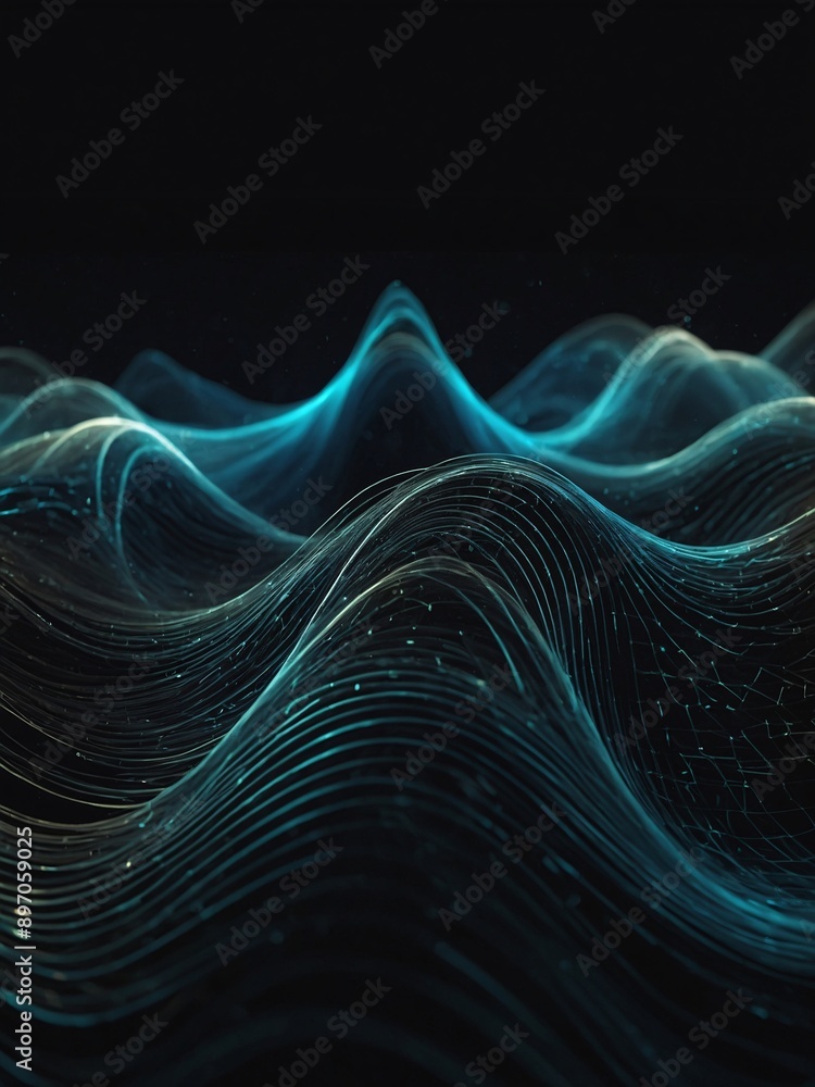 Poster dynamic particle wave in digital vector. abstract black futuristic background, high contrast