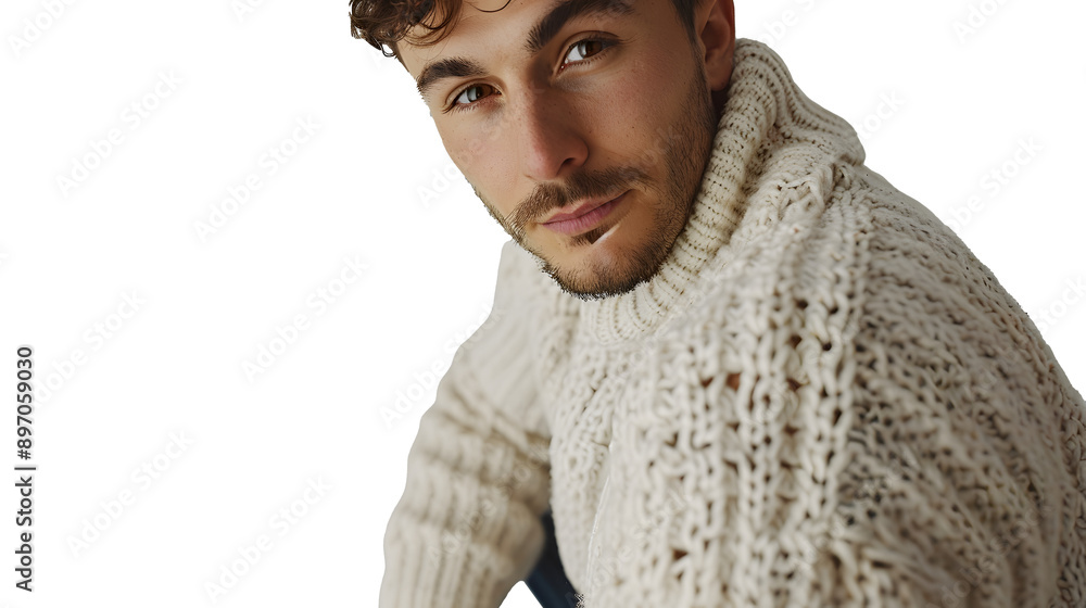 Poster man in a sweater looking at the camera with a raised eyebrow isolated on a transparent background in