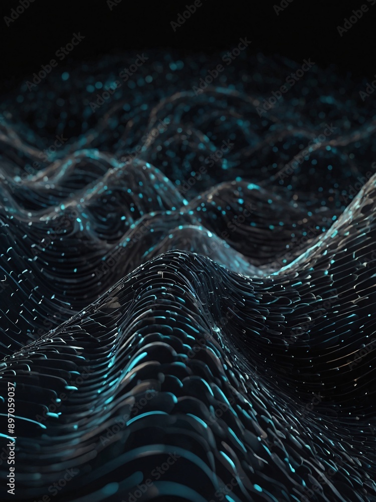 Poster dynamic particle wave in digital vector. abstract black futuristic background, high contrast