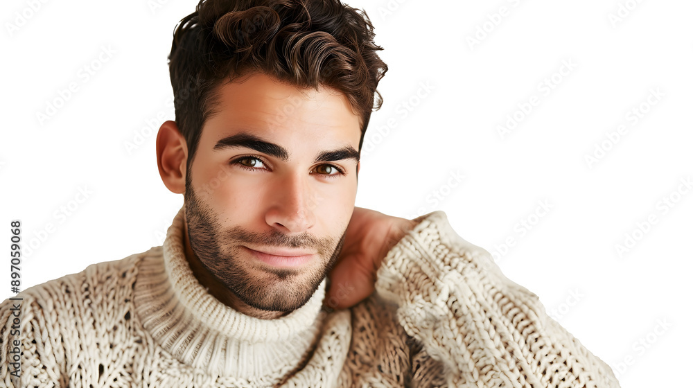 Poster man in a sweater looking at the camera with a raised eyebrow isolated on a transparent background in