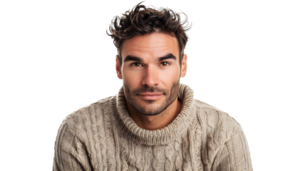 man in a sweater looking at the camera with a raised eyebrow isolated on a transparent background in a studio shot from a high angle photo with soft light. bright colors