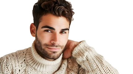 man in a sweater looking at the camera with a raised eyebrow isolated on a transparent background in a studio shot from a high angle photo with soft light. bright colors