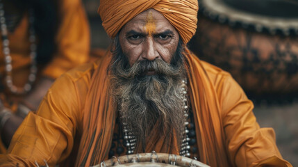 A Sikh man wearing a turban plays a traditional drum during the Baisakhi festival