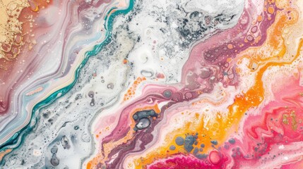 Fototapeta premium Fluid art mixing acrylic paint colors, creating an abstract background with cells and veins