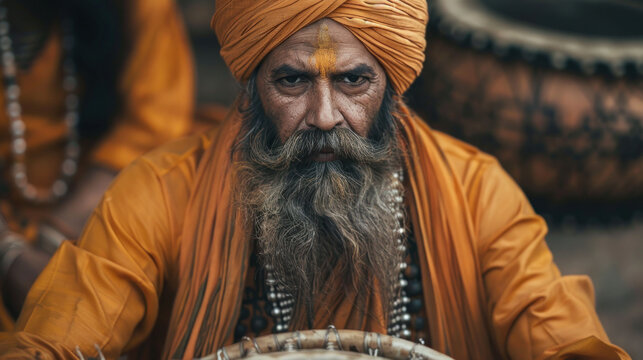A Sikh man wearing a turban plays a traditional drum during the Baisakhi festival - Powered by Adobe