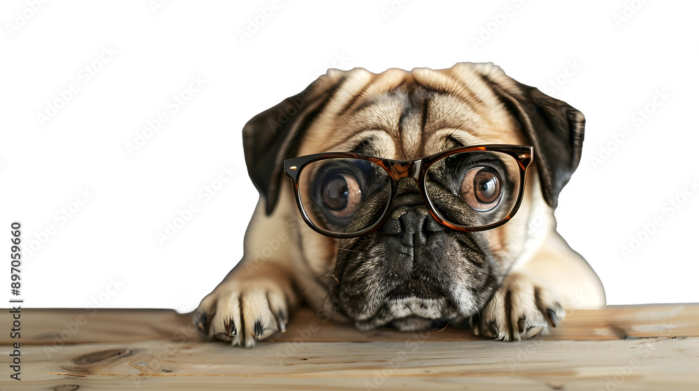 Poster pug with glasses sitting at a table on a transparent background in full size