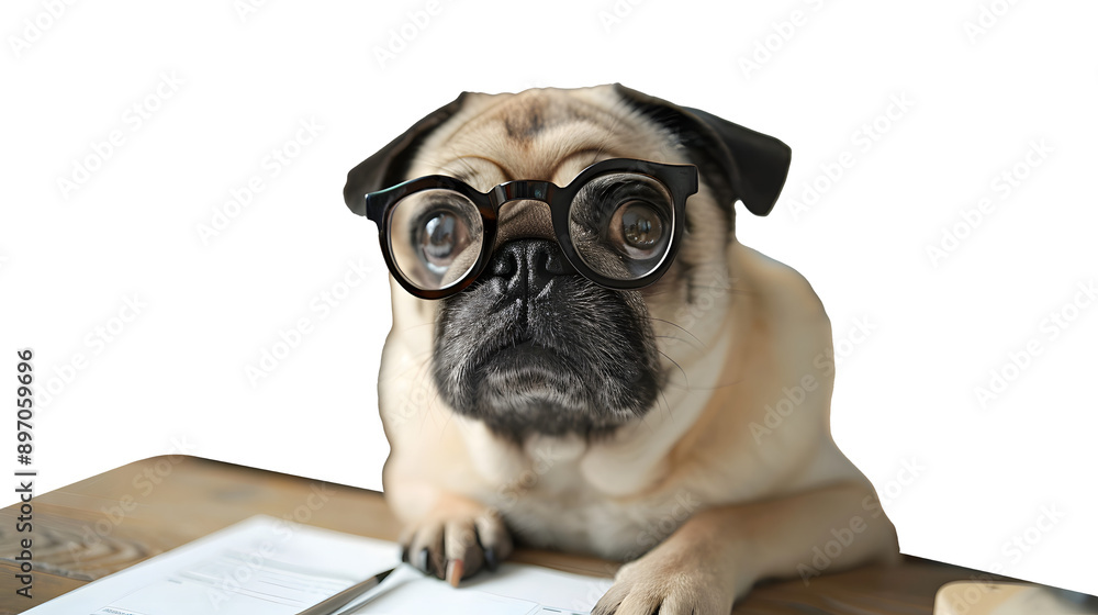 Poster pug with glasses sitting at a table on a transparent background in full size