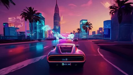 Driving Through a Retrofuturistic City at Sunset