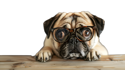 pug with glasses sitting at a table on a transparent background in full size 