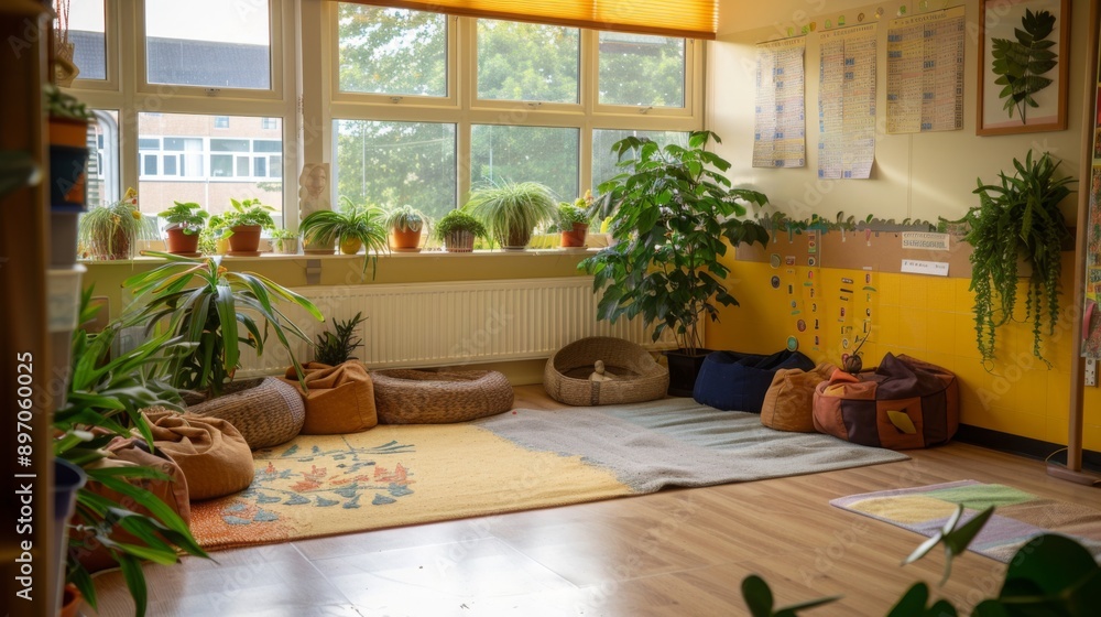Poster a classroom with large windows, plants lining the windowsill, and various cushions arranged on the f