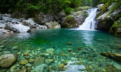 Serene Forest Waterfall with Clear Pool, Generative AI