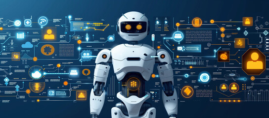Naklejka premium A high-tech robot stands against a backdrop of futuristic interface elements. The robot, with its sleek design and glowing eyes, represents the pinnacle of technological evolution.