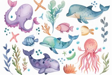 cute hand painted watercolor collage png clip art of various deep sea creatures.