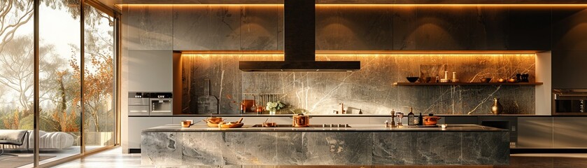 Sleek kitchen with marble countertops handleless cabinets and integrated appliances minimalist style soft lighting digital rendering