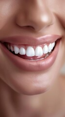 Fototapeta premium A closeup of a womans smile with perfectly white teeth, set against a soft, blurred background