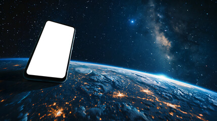 smartphone in space. with the planet Mars in the background with a transparent screen