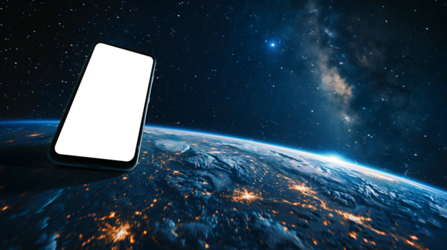 smartphone in space. with the planet Mars in the background with a transparent screen
