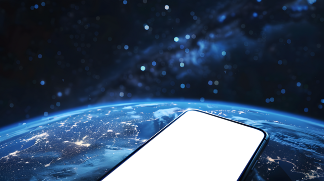 smartphone in space. with the planet Mars in the background with a transparent screen