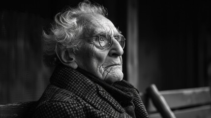 Elderly woman sitting on a bench looking out the window