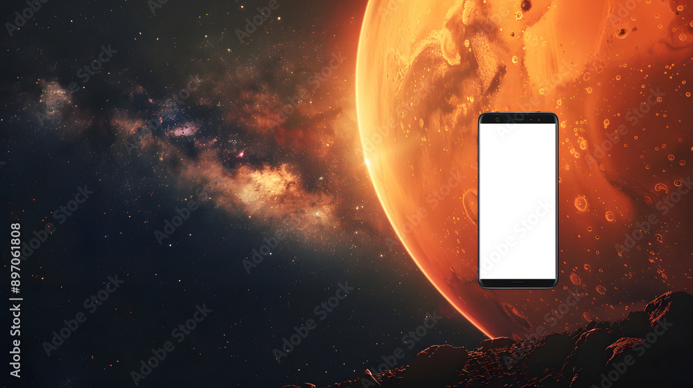Poster smartphone in space. with the planet mars in the background with a transparent screen