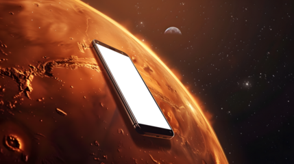 smartphone in space. with the planet Mars in the background with a transparent screen