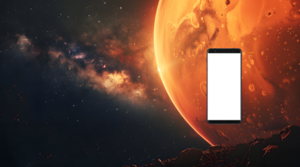 smartphone in space. with the planet Mars in the background with a transparent screen