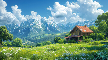 Fototapeta premium A scenic countryside with a quaint farmhouse nestled among the greenery.