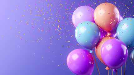 Colorful balloons, celebration decoration on purple background