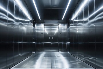 inside of a clean and silvery metallic elevator