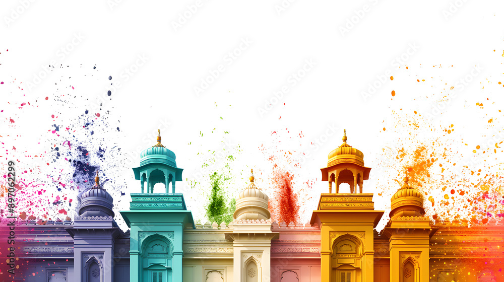 Poster Colourful buildings lined up in a row on a transparent background
